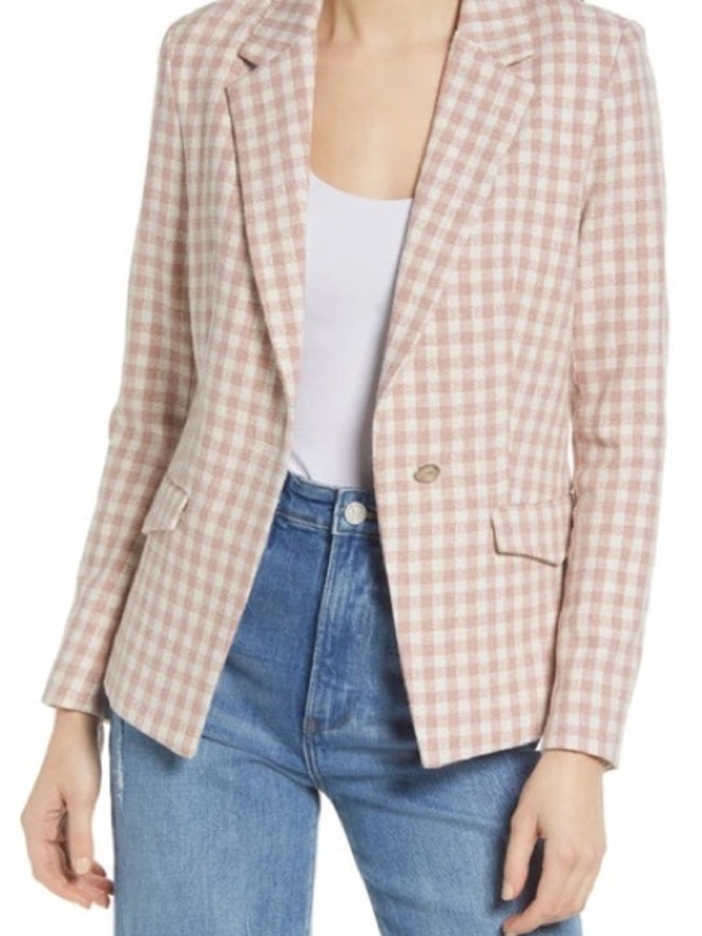 Blank NYC Pink Gingham Single-Button Blazer